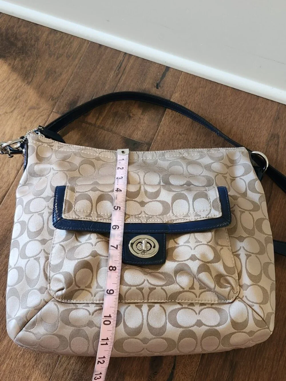 Coach Signature Stripe Tote • Blue Leather Trim • Beige/Blue Canvas • EUC - Picture 13 of 14